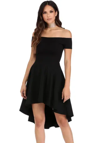 Kadın Kısa Kollu Madonna Yaka önü Kısa Arkası Uzun Ithal Krep Düğün/mezuniyet Elbisesi - L-XL - Siyah