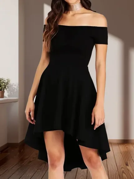 Kadın Kısa Kollu Madonna Yaka önü Kısa Arkası Uzun Ithal Krep Düğün/mezuniyet Elbisesi - L-XL - Siyah