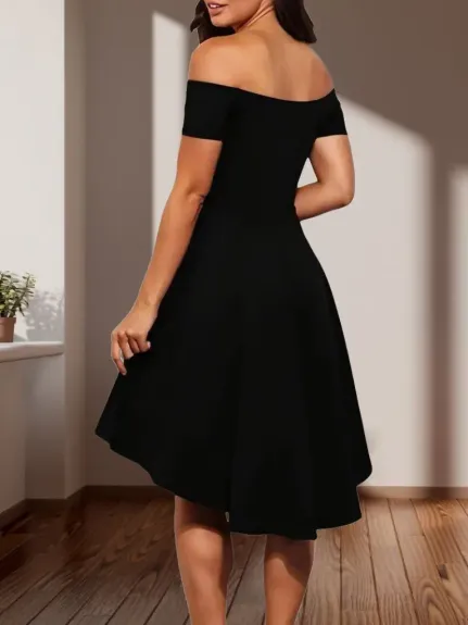 Kadın Kısa Kollu Madonna Yaka önü Kısa Arkası Uzun Ithal Krep Düğün/mezuniyet Elbisesi - L-XL - Siyah