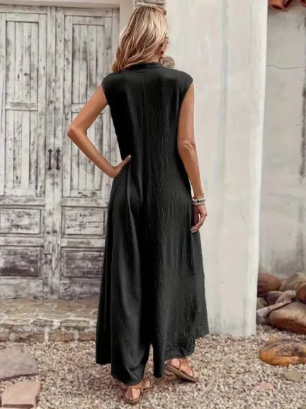 Kadın Kısa Kollu önden Düğmeli Paçaya Doğru Geniş Cepli Uzun Bürümcük Tulum - 2XL-3XL - Siyah