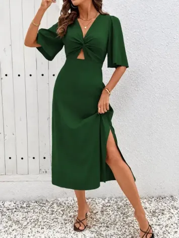 Kadın Kısa Kollu önden Sarmal Detaylı Yandan Yırtmaçlı Midi Sandy Elbise - 2XL-3XL - Yeşil