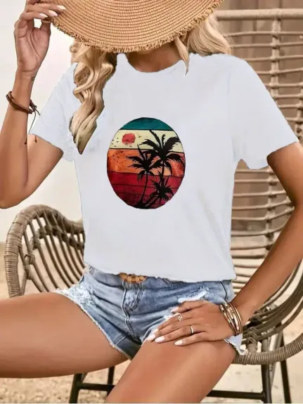 Kadın Kısa Kollu Palmiye Baskılı Viskon T-shirt - S-M - Beyaz