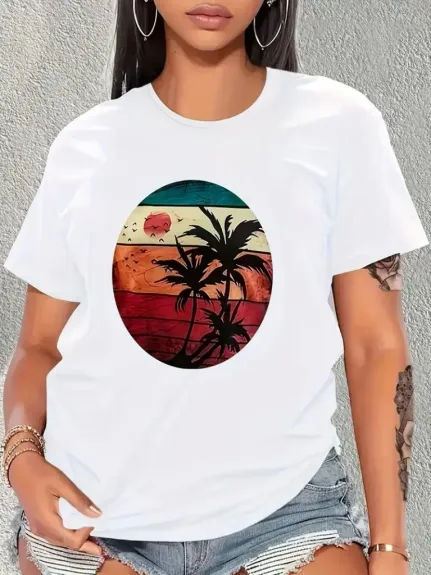 Kadın Kısa Kollu Palmiye Baskılı Viskon T-shirt - S-M - Beyaz