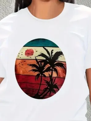 Kadın Kısa Kollu Palmiye Baskılı Viskon T-shirt - S-M - Beyaz