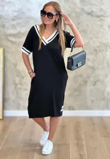 Kadın Kısa Kollu V Yaka Ribana Detaylı Cepli Dizüstü Viskon Elbise - 2XL-3XL - Siyah