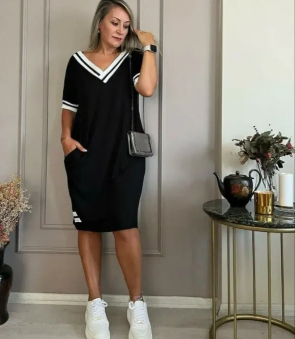 Kadın Kısa Kollu V Yaka Ribana Detaylı Cepli Dizüstü Viskon Elbise - 2XL-3XL - Siyah