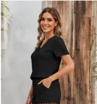 Kadın Kısa Kollu V Yakalı Bluz Ve Short Ikili Takım - L-XL - Siyah