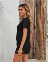 Kadın Kısa Kollu V Yakalı Bluz Ve Short Ikili Takım - L-XL - Siyah