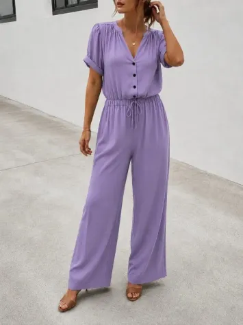 Kadın Kısa Kollu V Yakalı Cepli Dokuma Viskon Tulum - L-XL - Lila