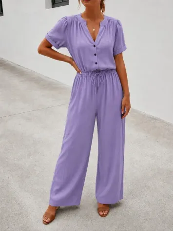 Kadın Kısa Kollu V Yakalı Cepli Dokuma Viskon Tulum - L-XL - Lila