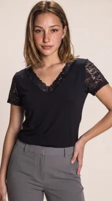 Kadın Kısa Kollu V Yakalı Dantelli Viskon Bluz - L-XL - Siyah