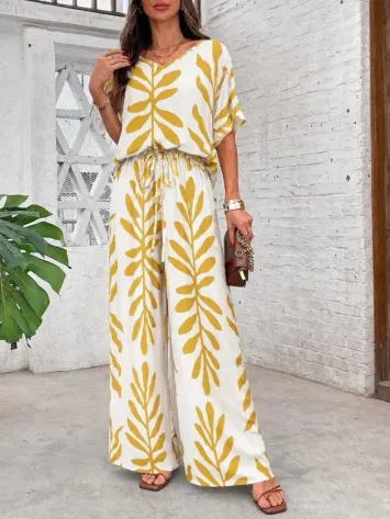 Kadın Kısa Kollu V Yakalı Desenli Aerobin Bluz Ve Pantolon Ikili Takım - L-XL - Altın