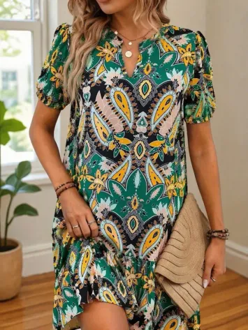 Kadın Kısa Kollu V Yakalı Desenli Kısa Süprem Elbise - 2XL-3XL - Yeşil
