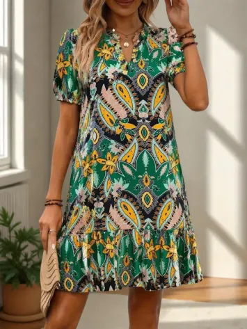Kadın Kısa Kollu V Yakalı Desenli Kısa Süprem Elbise - 2XL-3XL - Yeşil