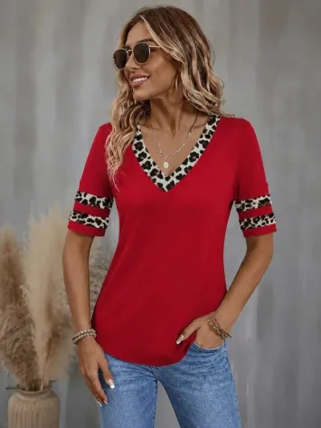 Kadın Kısa Kollu V Yakalı Leopar Desenli Viskon Bluz - S-M - Kırmızı