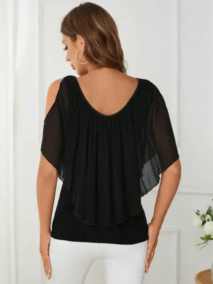 Kadın Kısa Kollu V Yakalı Omuzlardan Açık Salaş şifon Bluz - L-XL - Siyah