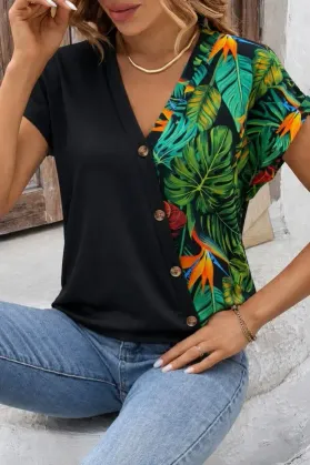 Kadın Kısa Kollu V Yakalı önden Düğmeli Leopar Desen Detaylı Viskon Bluz - L-XL - Yeşil