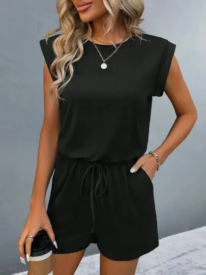 Kadın Kısa Kollu Vatkalı Belden Bağcıklı Kısa Viskon Tulum - 2XL-3XL - Siyah