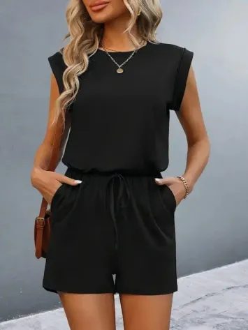 Kadın Kısa Kollu Vatkalı Belden Bağcıklı Kısa Viskon Tulum - 2XL-3XL - Siyah