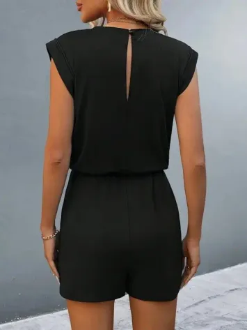 Kadın Kısa Kollu Vatkalı Belden Bağcıklı Kısa Viskon Tulum - 2XL-3XL - Siyah