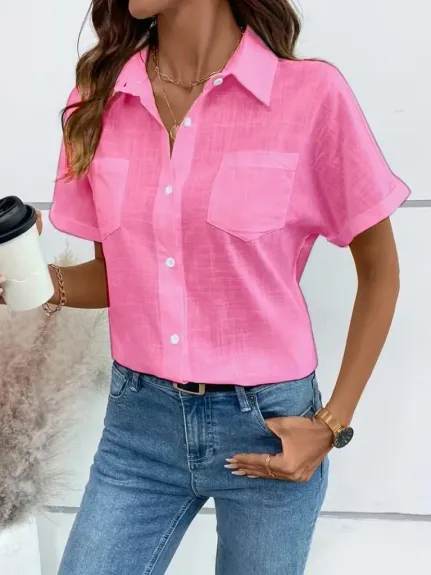Kadın Kısa Kollu Yakalı önden Düğmeli Gömlek - L-XL - Pembe