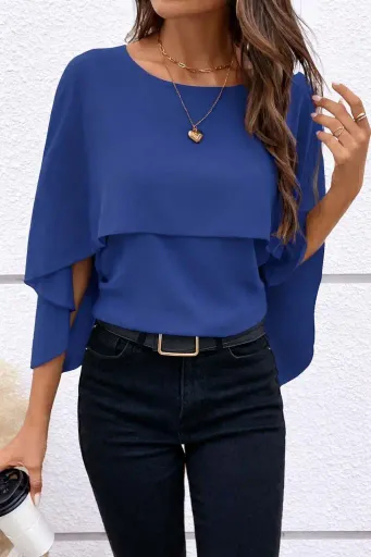 Kadın Kısa Kollu Yuvarlak Yakalı Geniş Kesimli Yarasa Kollu Sandy Bluz - L-XL - Mavi