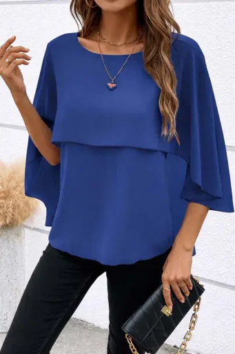 Kadın Kısa Kollu Yuvarlak Yakalı Geniş Kesimli Yarasa Kollu Sandy Bluz - L-XL - Mavi