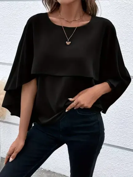 Kadın Kısa Kollu Yuvarlak Yakalı Geniş Kesimli Yarasa Kollu Sandy Bluz - 2XL-3XL - Siyah