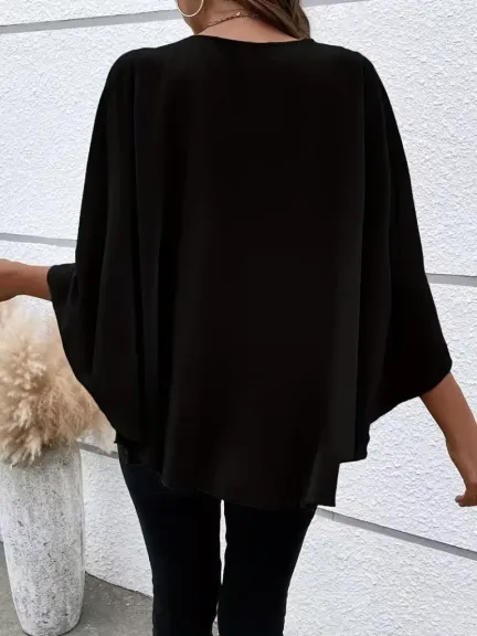 Kadın Kısa Kollu Yuvarlak Yakalı Geniş Kesimli Yarasa Kollu Sandy Bluz - 2XL-3XL - Siyah