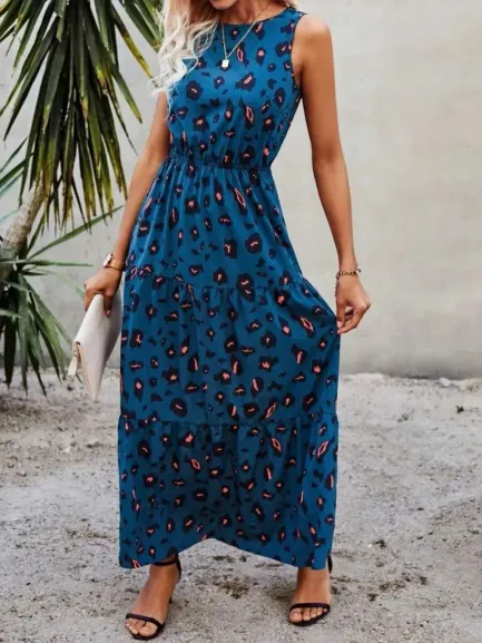 Kadın Kolsuz Bisiklet Yaka Beli Lastikli Desenli Süprem Elbise - L-XL - Mavi