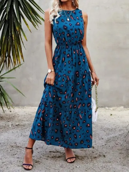 Kadın Kolsuz Bisiklet Yaka Beli Lastikli Desenli Süprem Elbise - L-XL - Mavi