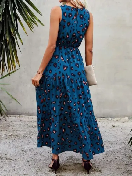 Kadın Kolsuz Bisiklet Yaka Beli Lastikli Desenli Süprem Elbise - L-XL - Mavi