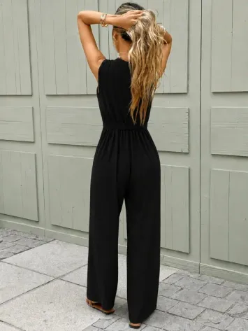 Kadın Kolsuz önden Bağcıklı Beli Dantelli Uzun Pera Tulum - 2XL - Siyah
