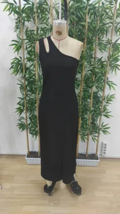 Kadın Kolsuz Tek Omuz Damla Detay Viskon Iki Iplik Elbise - 2XL-3XL - Siyah