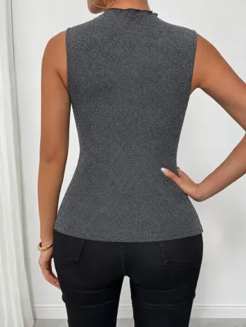 Kadın Kolsuz Tül Yuvarlak Yakalı Derin V Dekolteli Simli Bluz - 2XL-3XL - Gri