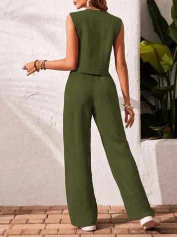 Kadın Kolsuz V Yakalı Aerobin Bluz Ve Pantolon Ikili Takım - 2XL-3XL - Yeşil
