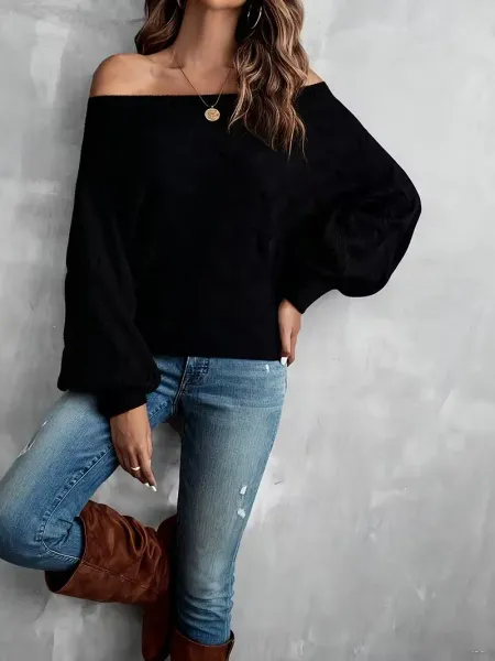 Kadın Madonna Yakalı Desenli Kol Ağzı Balon Triko Bluz - L-XL - Siyah
