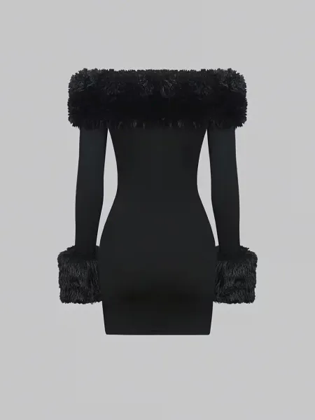 Kadın Modanna Kürk Yakalı Kısa Modal Elbise - 2XL-3XL - Siyah