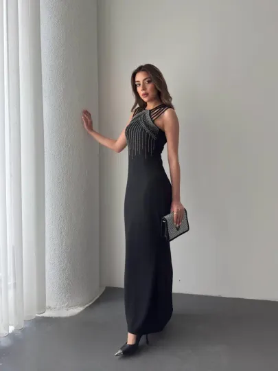 Kadın Omuz çoklu Askılı önü Taş Işlemeli Balık Kesim Janjan Krep Maxi Boy Elbise - 2XL-3XL - Siyah