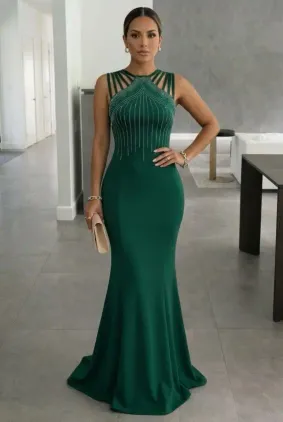 Kadın Omuz çoklu Askılı önü Taş Işlemeli Balık Kesim Janjan Krep Maxi Boy Elbise - 2XL-3XL - Yeşil