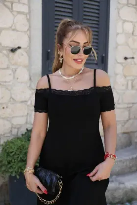 Kadın Omuzdan Askılı Kısa Kolludantel Detaylı Yakalı Midi Viskon Elbise - S-M - Siyah