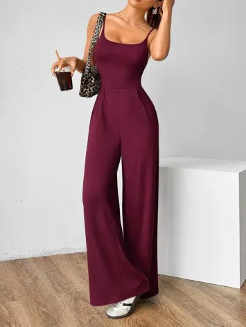 Kadın Omuzdan Askılı Sırtı Açık Bok Kesim Janjan Krep Tulum - 2XL-3XL - Bordo