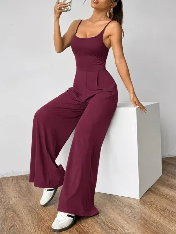 Kadın Omuzdan Askılı Sırtı Açık Bok Kesim Janjan Krep Tulum - 2XL-3XL - Bordo