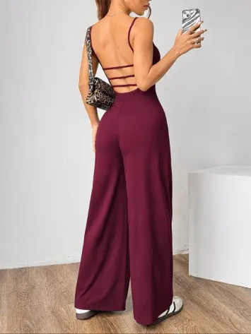 Kadın Omuzdan Askılı Sırtı Açık Bok Kesim Janjan Krep Tulum - 2XL-3XL - Bordo
