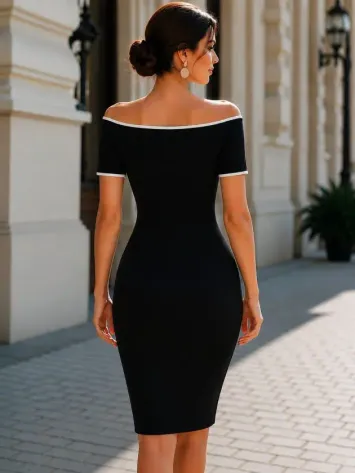 Kadın Omuzlardan Açık şerit Detaylı Kısa Janjan Krep Elbise - 2XL-3XL - Siyah