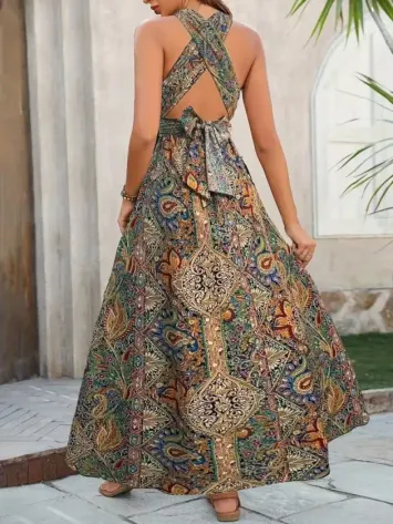 Kadın Omuzlardan Açık Yakadan çapraz Geçme Detaylı Yırtmaçlı Desenli Uzun Süprem Elbise - 2XL-3XL - Altın