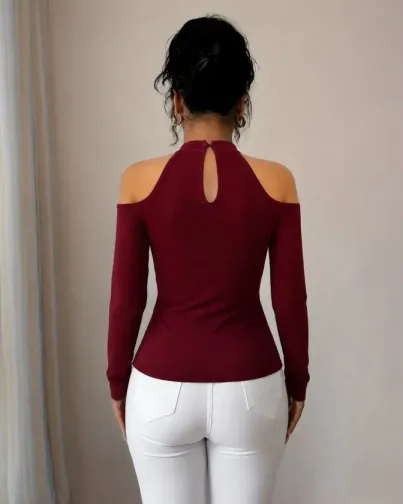 Kadın Omuzlardan Açık Yarı Balıkçı Yaka Uzun Kollu V Yakalı Onu Pileli Viskon Bluz - 2XL-3XL - Bordo