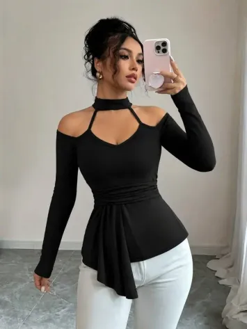 Kadın Omuzlardan Açık Yarı Balıkçı Yaka Uzun Kollu V Yakalı Onu Pileli Viskon Bluz - 2XL-3XL - Siyah