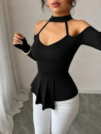 Kadın Omuzlardan Açık Yarı Balıkçı Yaka Uzun Kollu V Yakalı Onu Pileli Viskon Bluz - 2XL-3XL - Siyah