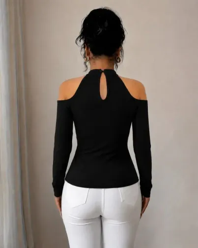 Kadın Omuzlardan Açık Yarı Balıkçı Yaka Uzun Kollu V Yakalı Onu Pileli Viskon Bluz - 2XL-3XL - Siyah